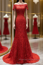 Off the Shoulder Red Mermaid Lace Semi Formal Prom Dresses, Red Mermaid Lace Formal Bridesmaid Dresses